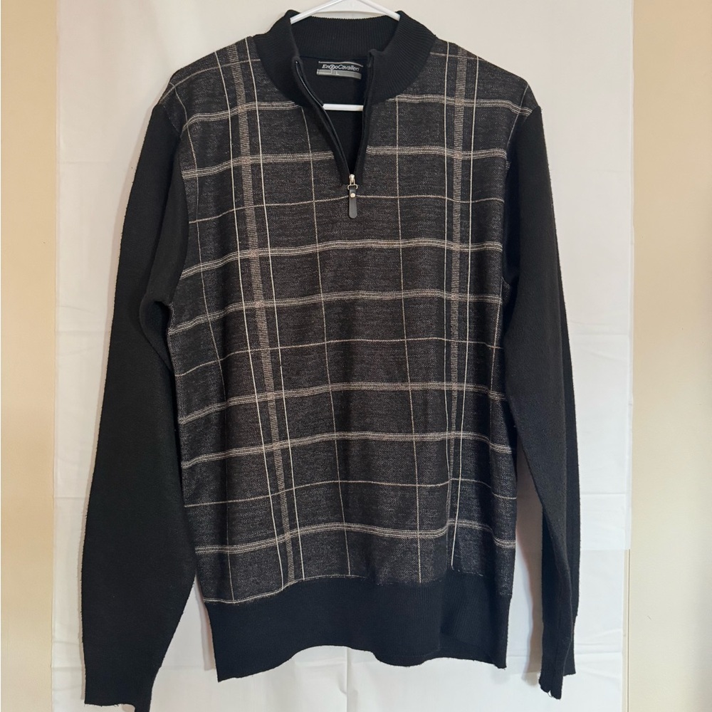 Black and White Zip Up Sweater with Plaid Design